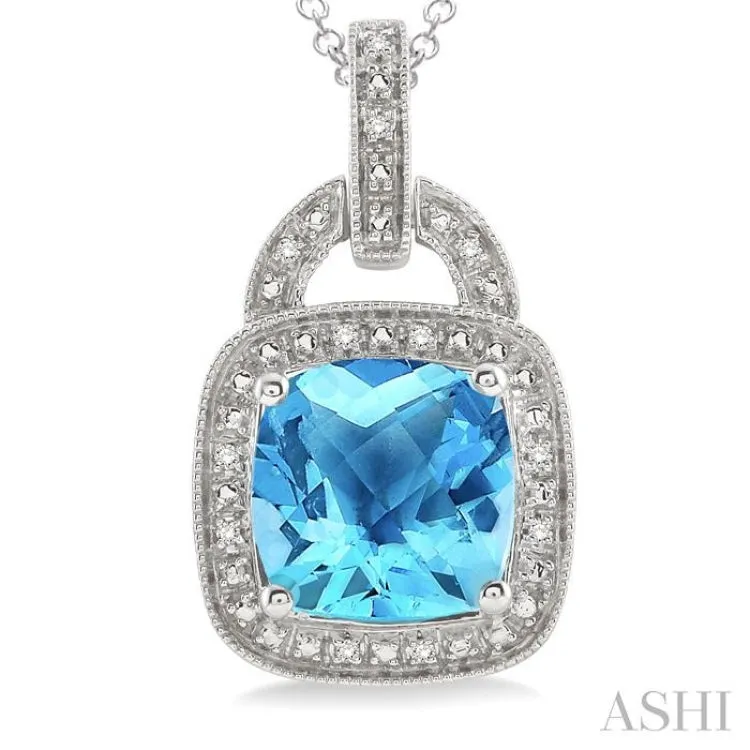 10x10mm Cushion Cut Blue Topaz and 1/20 Ctw Single Cut Diamond Pendant in Sterling Silver with Chain