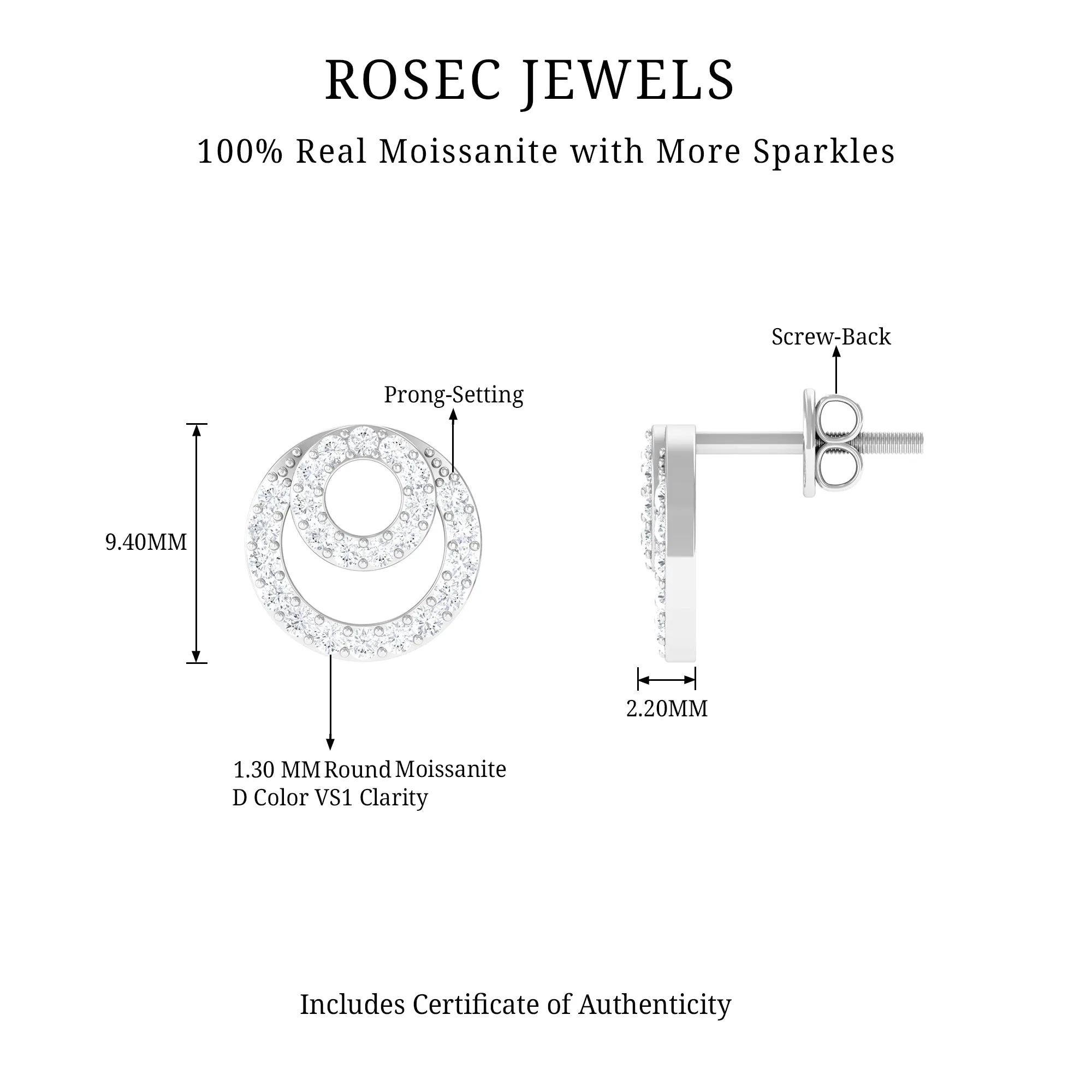 1/2 CT Round Moissanite Double Circle Stud Earrings