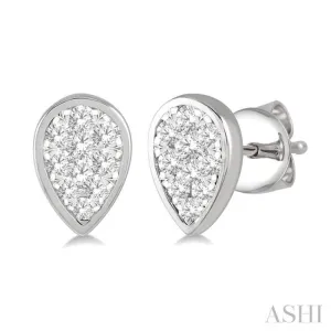 1/3 ctw Pear Shape Lovebright Round Cut Diamond Bezel Stud Earring in 14K White Gold