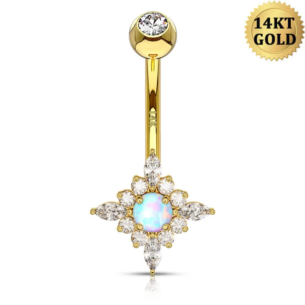 14K Gold Opal CZ Belly Ring 14G Sun Flower Belly Ring