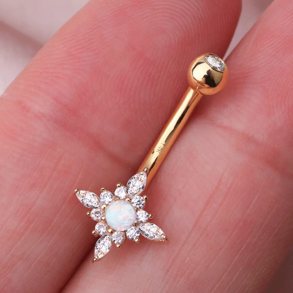 14K Gold Opal CZ Belly Ring 14G Sun Flower Belly Ring