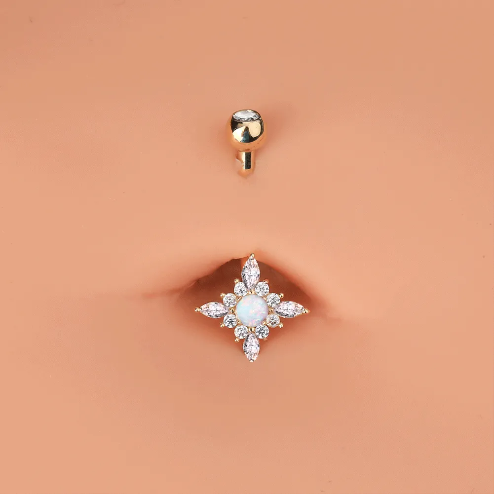 14K Gold Opal CZ Belly Ring 14G Sun Flower Belly Ring