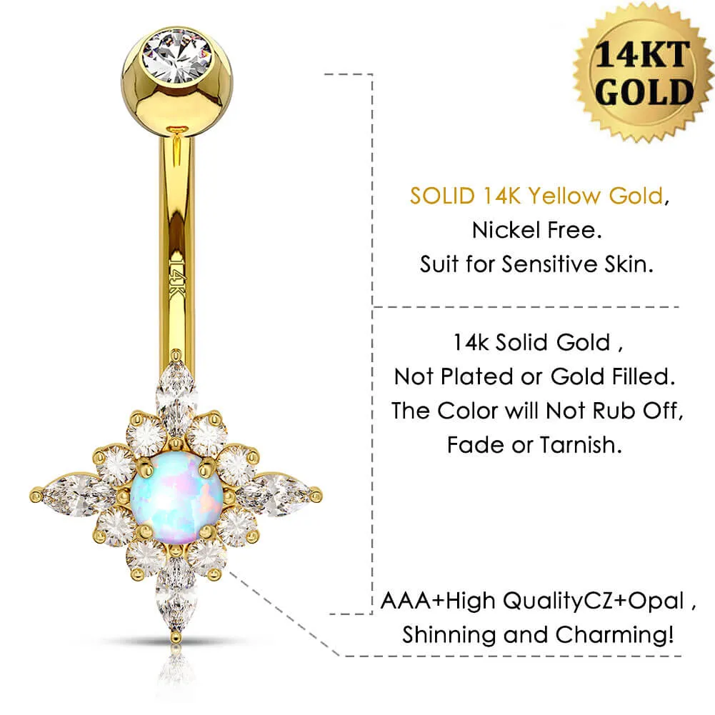 14K Gold Opal CZ Belly Ring 14G Sun Flower Belly Ring