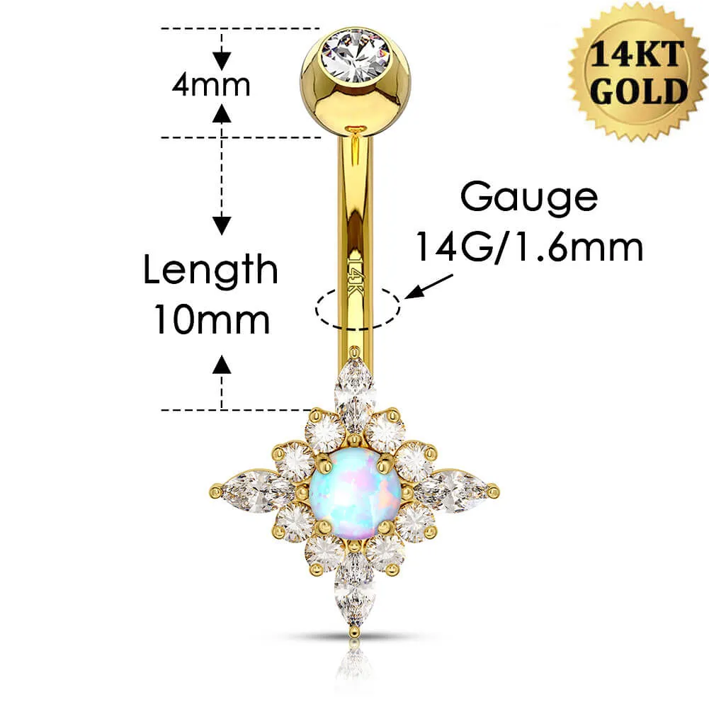 14K Gold Opal CZ Belly Ring 14G Sun Flower Belly Ring