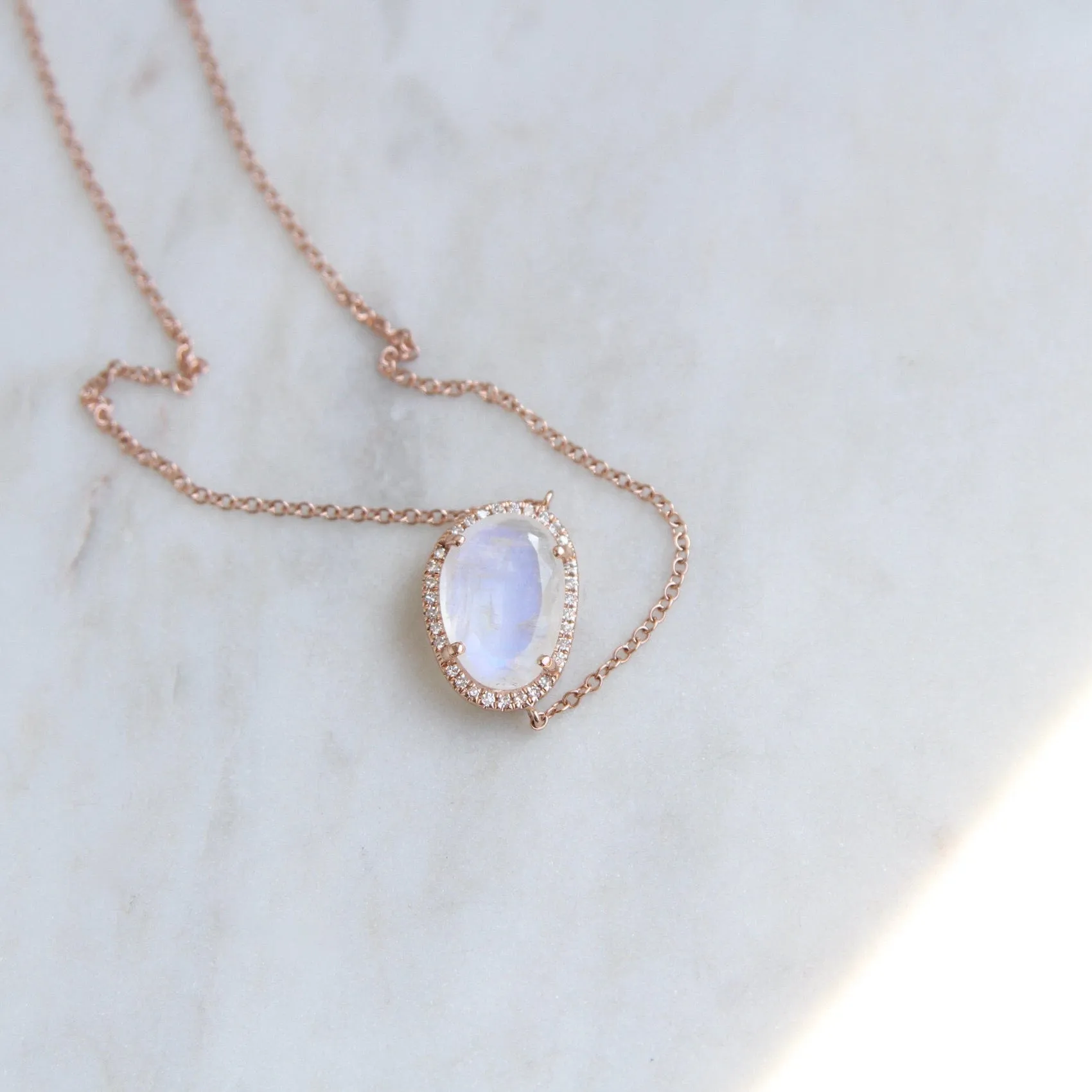 14k Rose Gold Organic Shaped Rainbow Moonstone Necklace