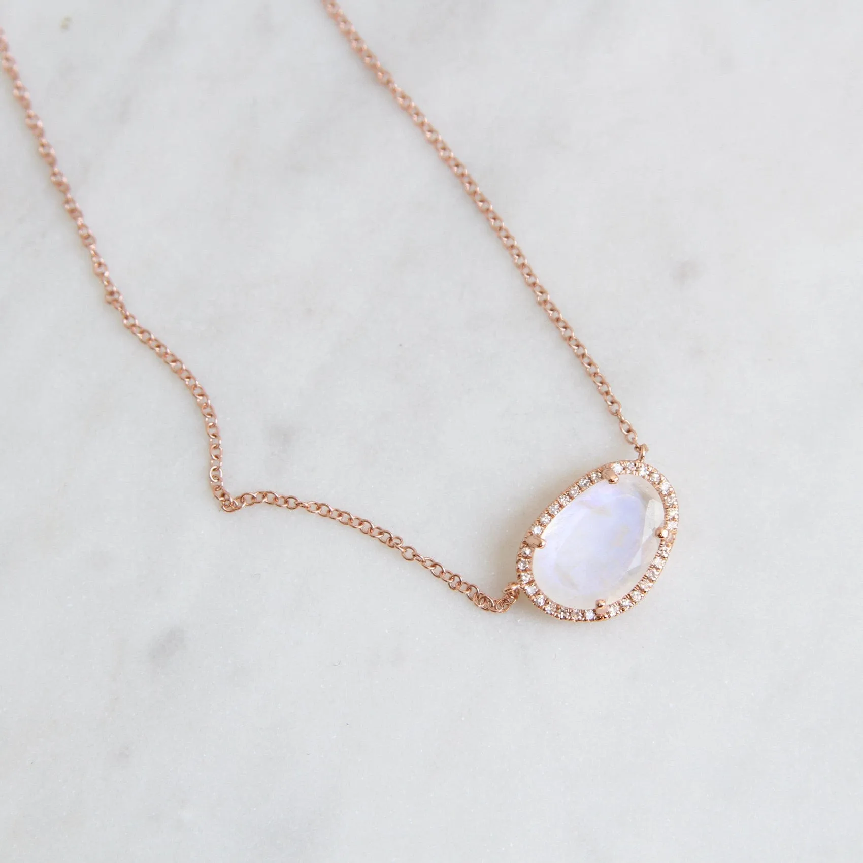 14k Rose Gold Organic Shaped Rainbow Moonstone Necklace