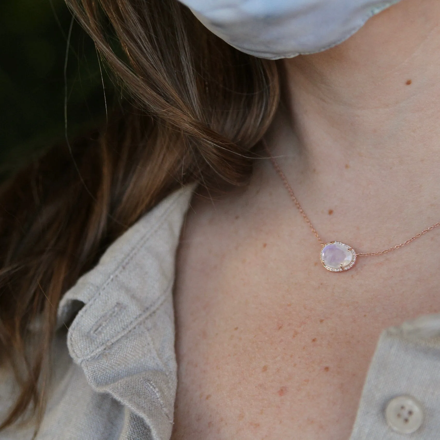 14k Rose Gold Organic Shaped Rainbow Moonstone Necklace