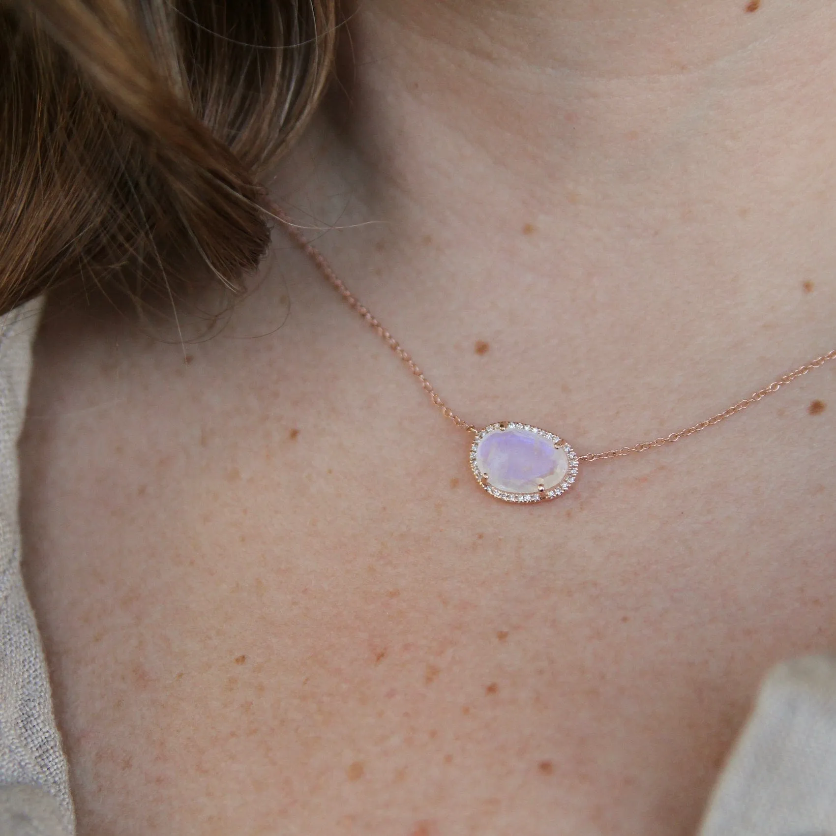 14k Rose Gold Organic Shaped Rainbow Moonstone Necklace