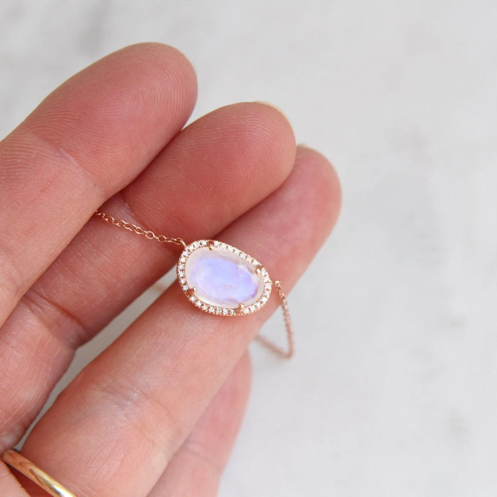 14k Rose Gold Organic Shaped Rainbow Moonstone Necklace