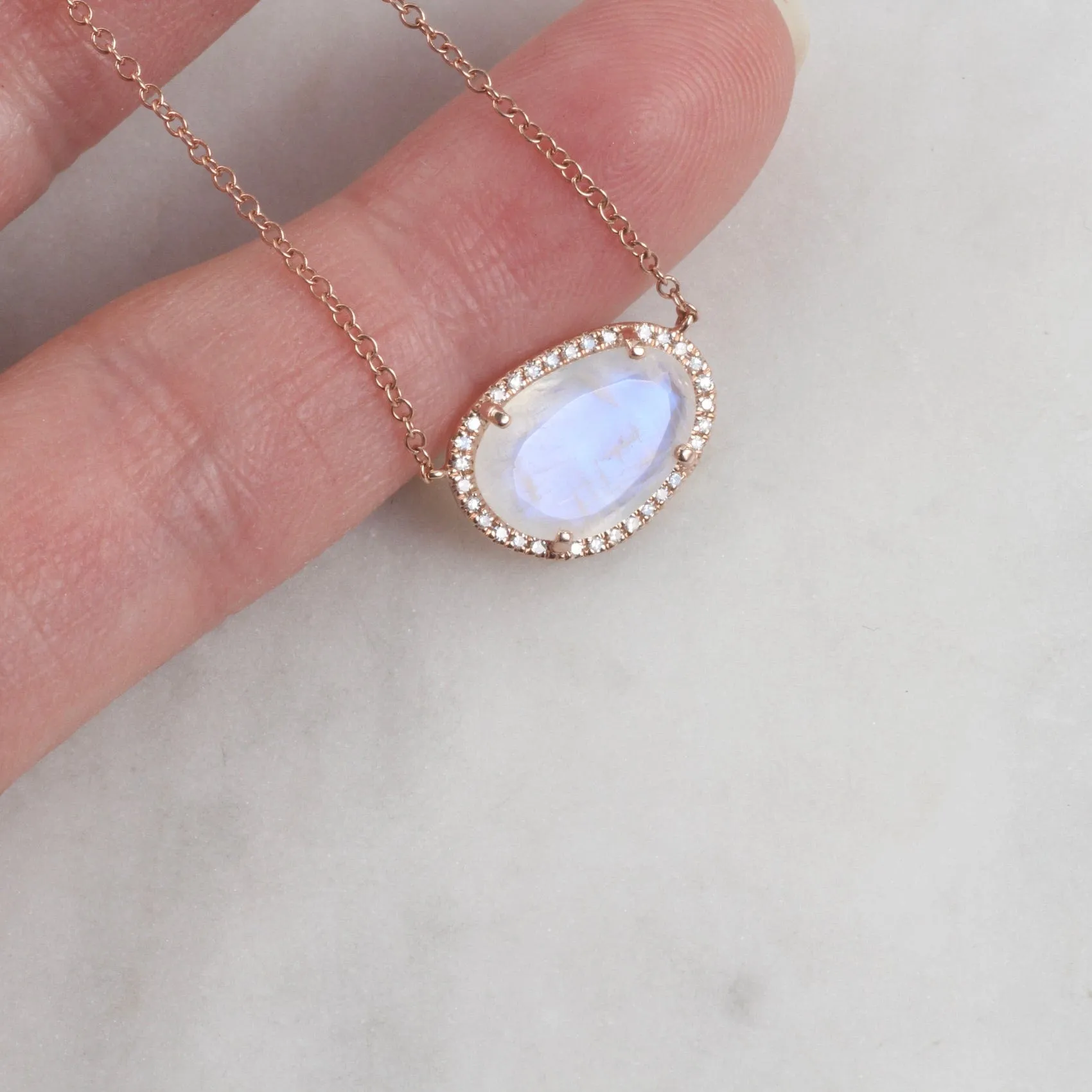 14k Rose Gold Organic Shaped Rainbow Moonstone Necklace