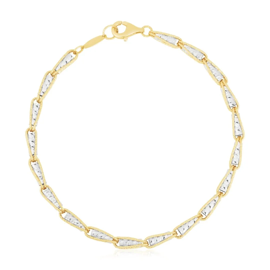 14k Two Tone Gold High Polish Diamond Cut Link Chain Bracelet