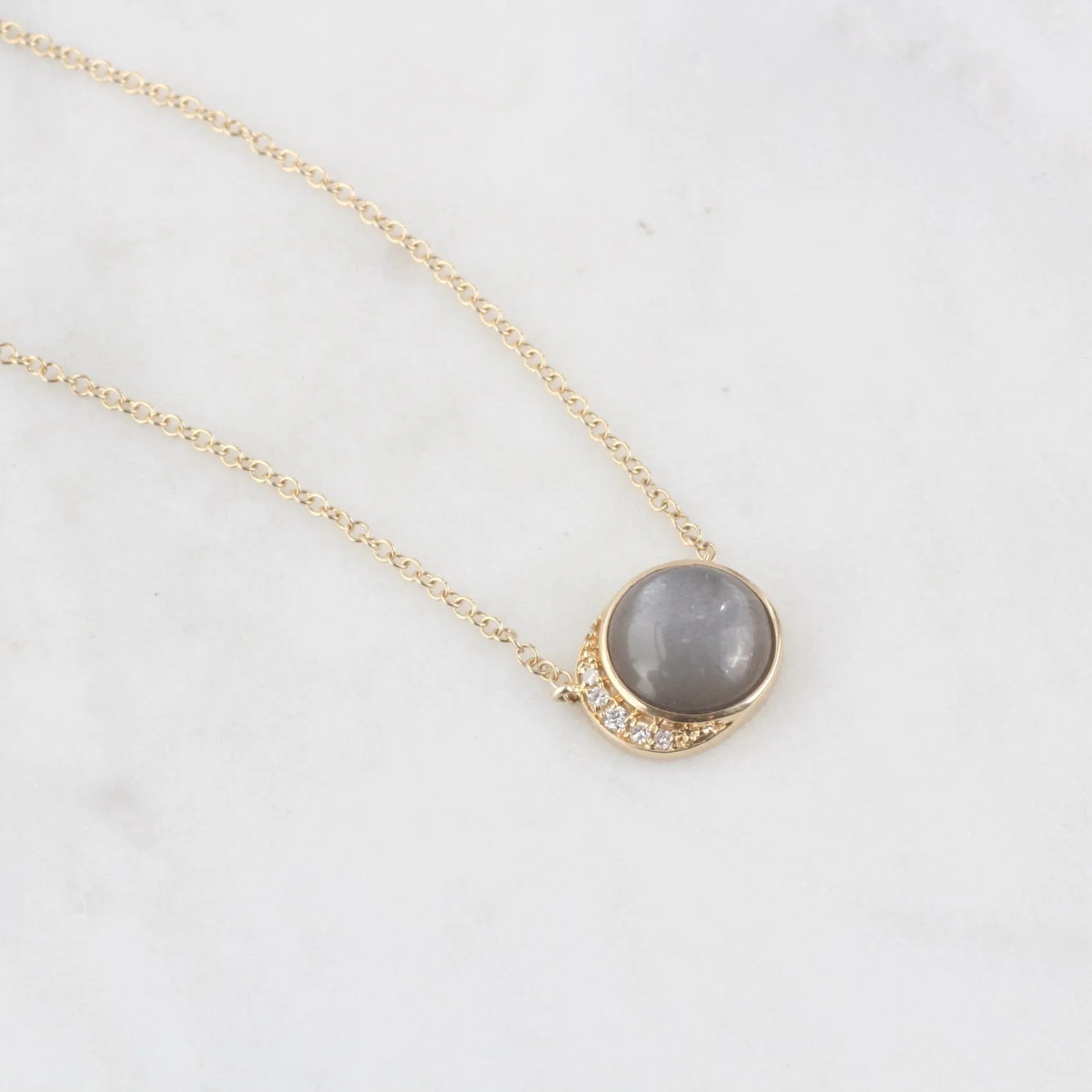 14k Yellow Gold Moon Phase Necklace with Bezel Set Grey Moonstone