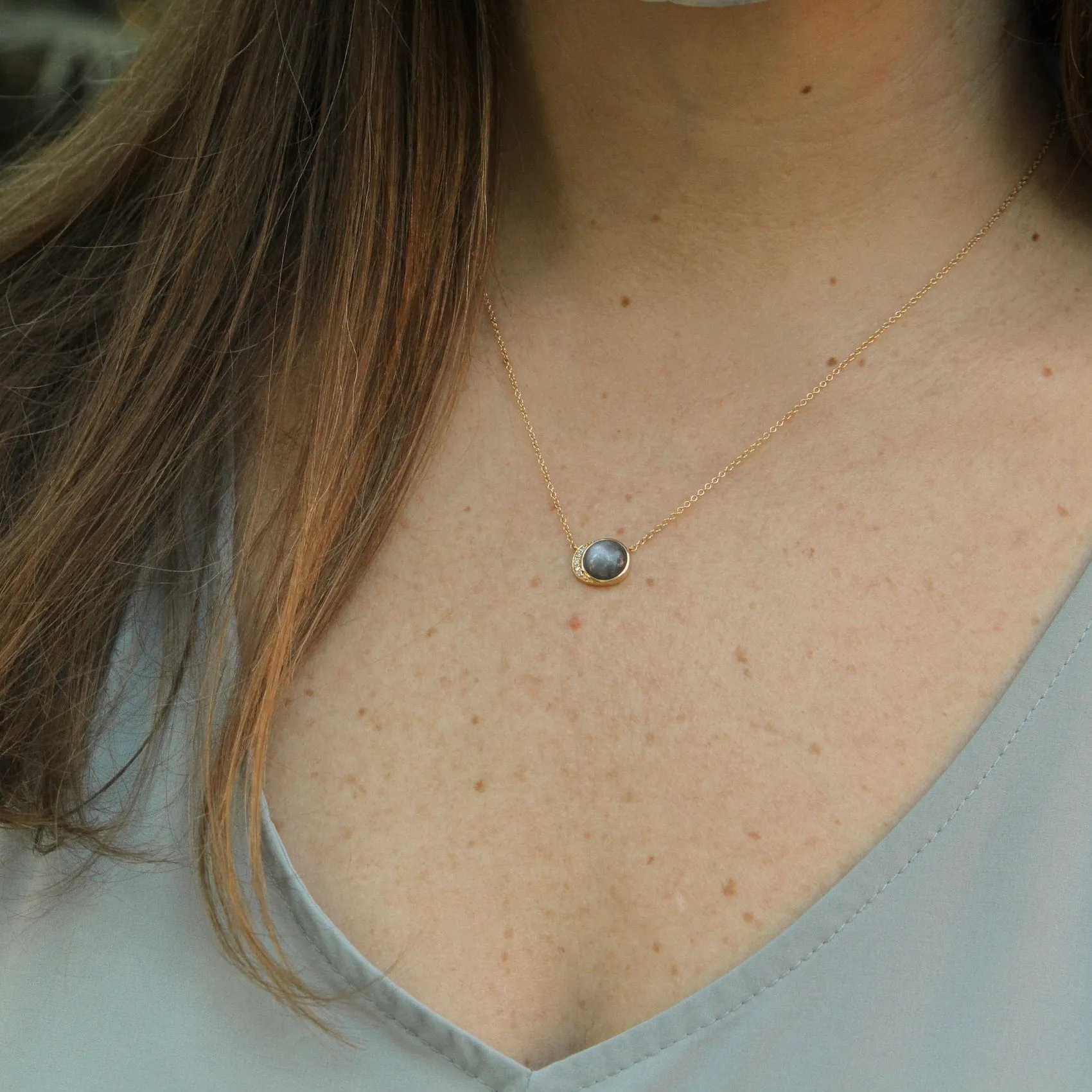 14k Yellow Gold Moon Phase Necklace with Bezel Set Grey Moonstone