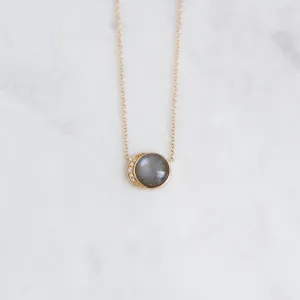 14k Yellow Gold Moon Phase Necklace with Bezel Set Grey Moonstone