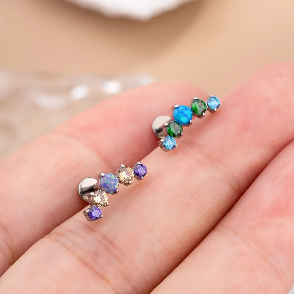 16G Titanium Internally Threaded Opal & Colorful CZ Top Flat Back Cartilage Earring