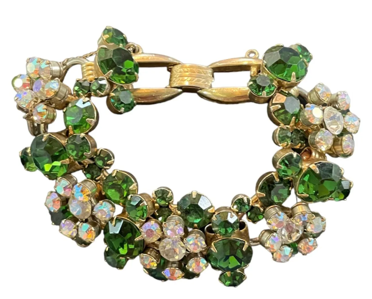 1960s Green and Iridescent White Floral Cluster Rhinestone Link Bracelet