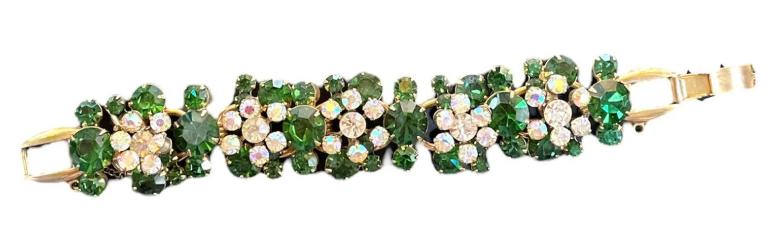 1960s Green and Iridescent White Floral Cluster Rhinestone Link Bracelet