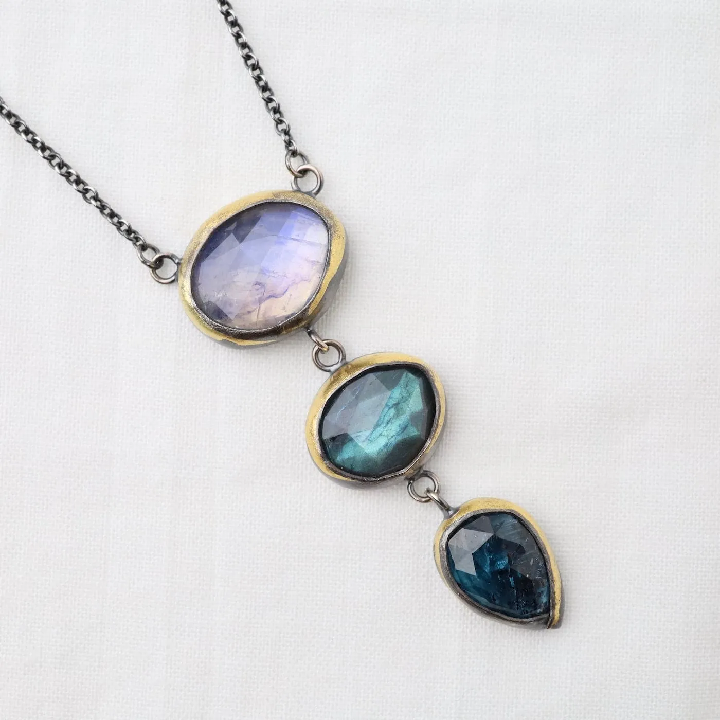 3 Drop Rim Necklace with Labradorite, Moonstone & Kyanite