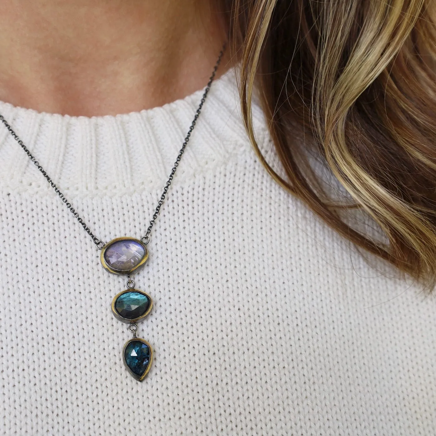 3 Drop Rim Necklace with Labradorite, Moonstone & Kyanite