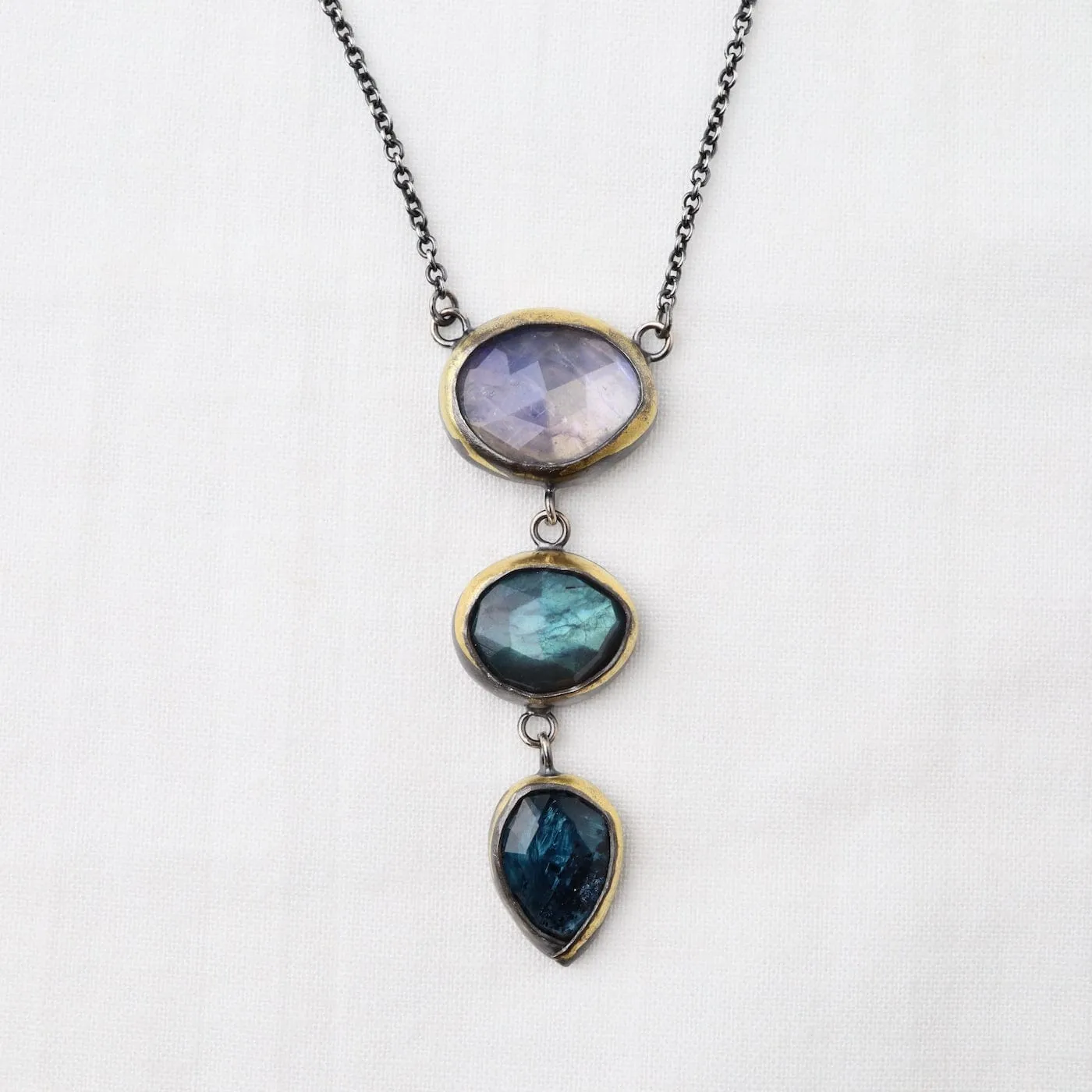 3 Drop Rim Necklace with Labradorite, Moonstone & Kyanite