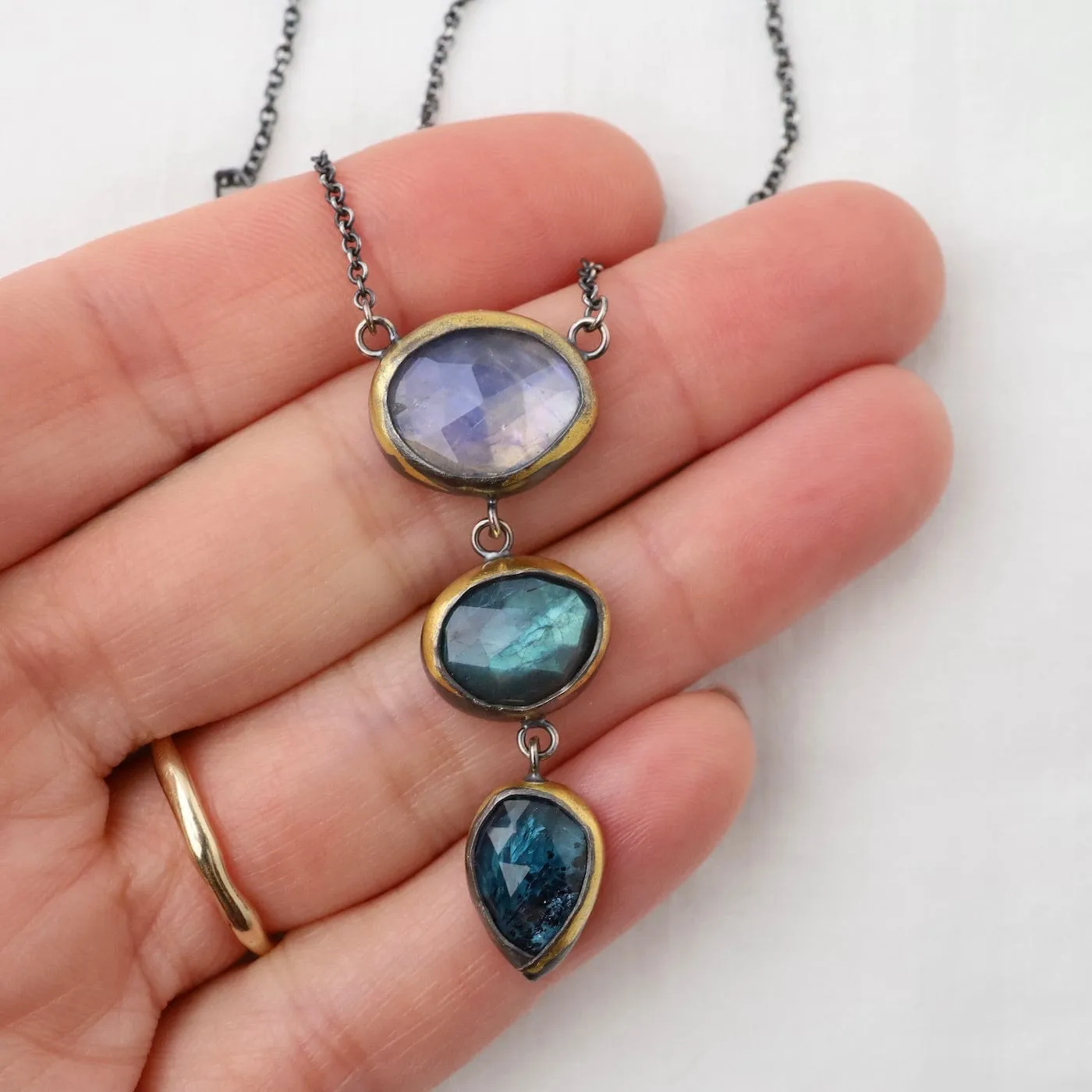 3 Drop Rim Necklace with Labradorite, Moonstone & Kyanite