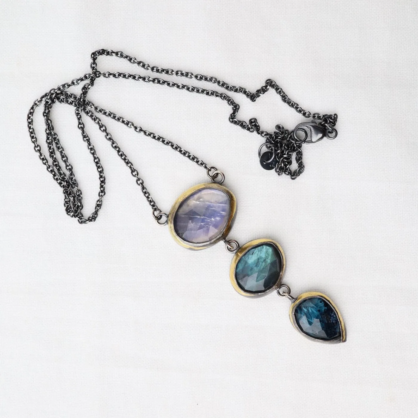 3 Drop Rim Necklace with Labradorite, Moonstone & Kyanite