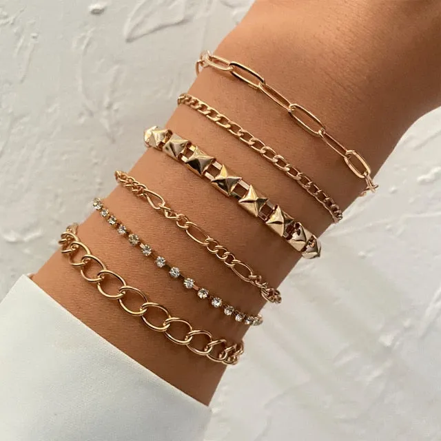 5 Pcs/Set Punk Gold Crystal Thick Chain Bracelet Bohemian Geometric Chain OT Buckle Bracelet Set Jewelry Girl Party Gift