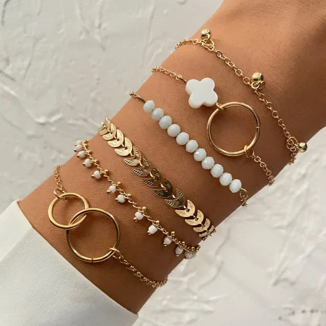 5 Pcs/Set Punk Gold Crystal Thick Chain Bracelet Bohemian Geometric Chain OT Buckle Bracelet Set Jewelry Girl Party Gift