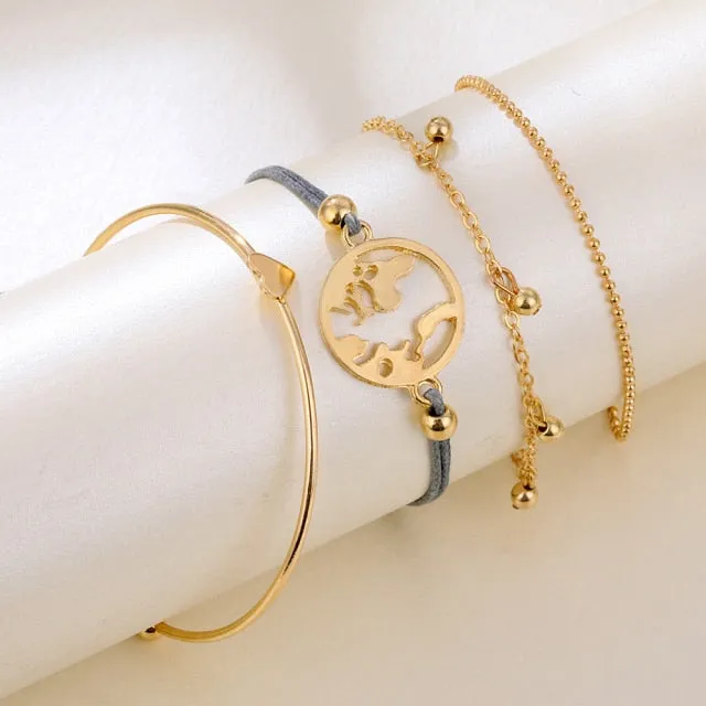 5 Pcs/Set Punk Gold Crystal Thick Chain Bracelet Bohemian Geometric Chain OT Buckle Bracelet Set Jewelry Girl Party Gift