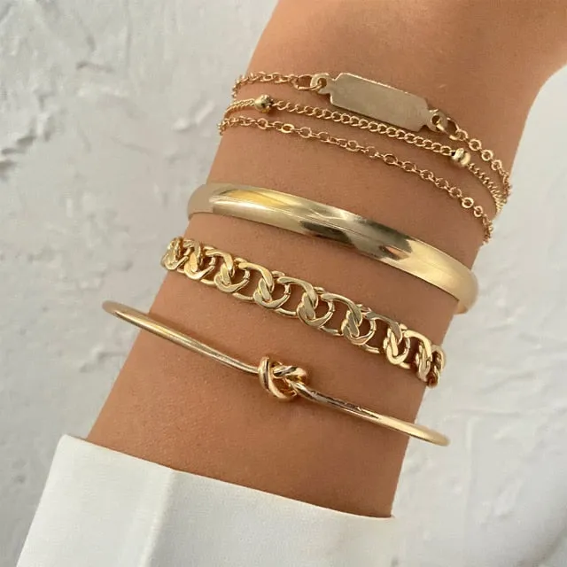 5 Pcs/Set Punk Gold Crystal Thick Chain Bracelet Bohemian Geometric Chain OT Buckle Bracelet Set Jewelry Girl Party Gift