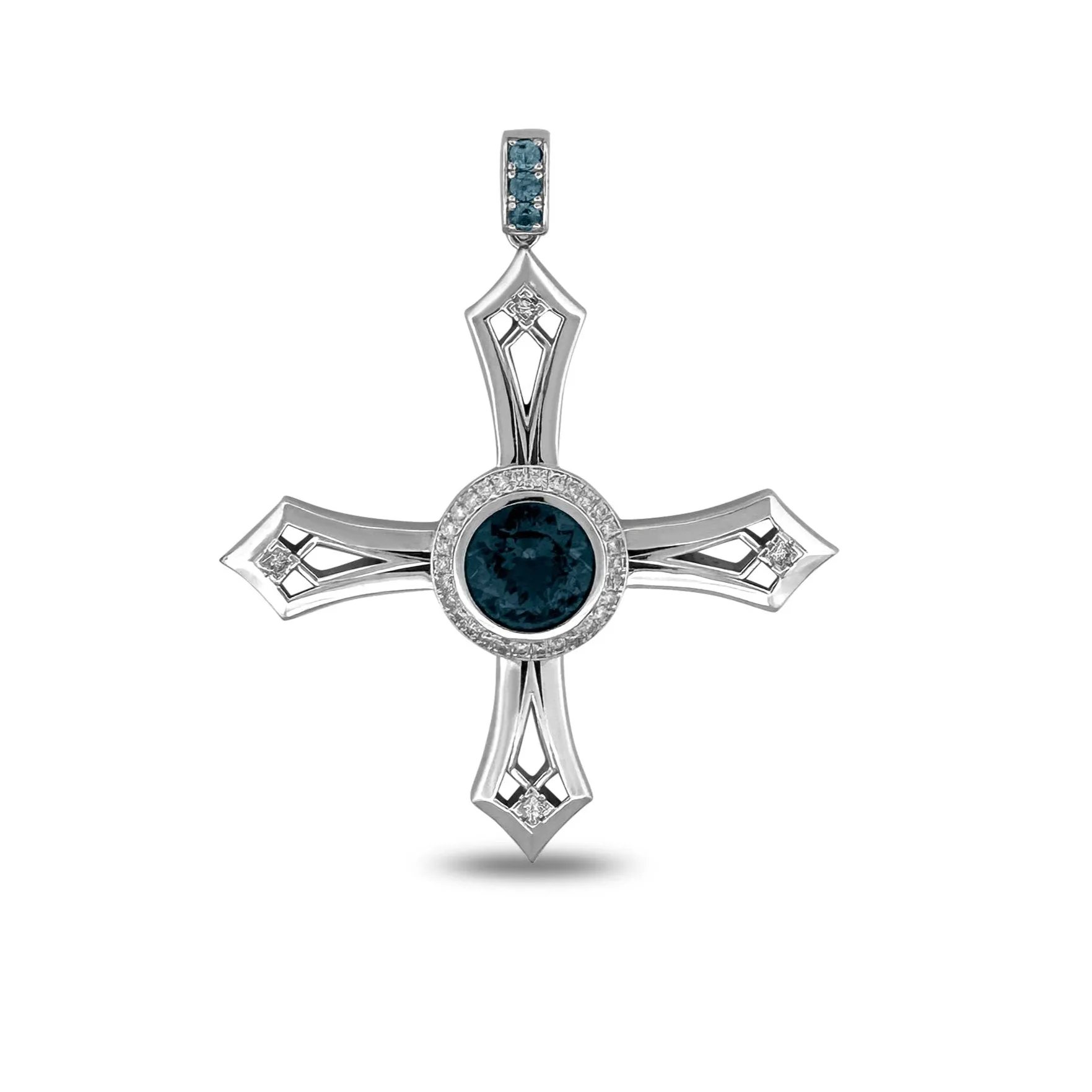 6ct Round Blue Topaz with Natural Diamonds Cross Pendant in 14k White Gold