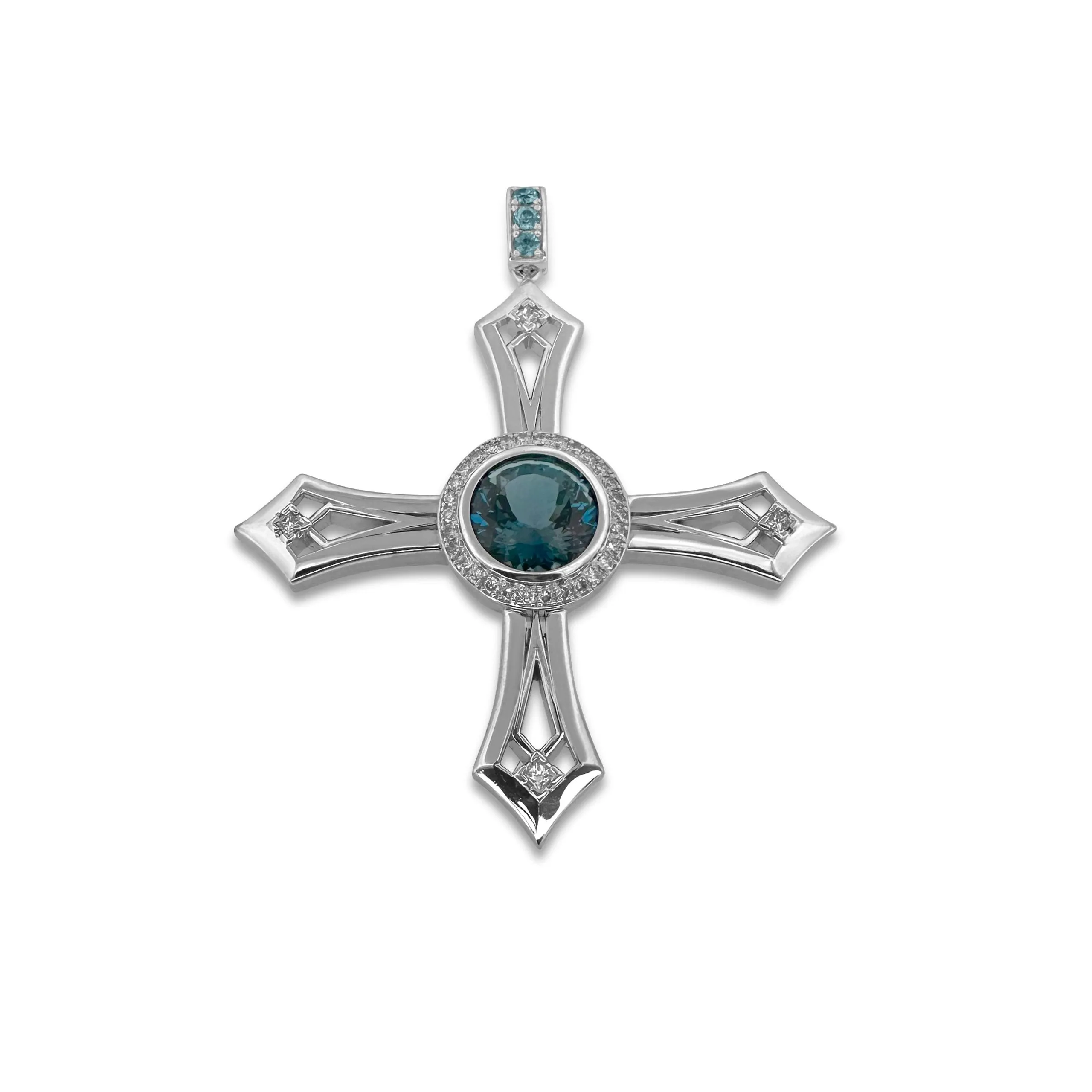 6ct Round Blue Topaz with Natural Diamonds Cross Pendant in 14k White Gold