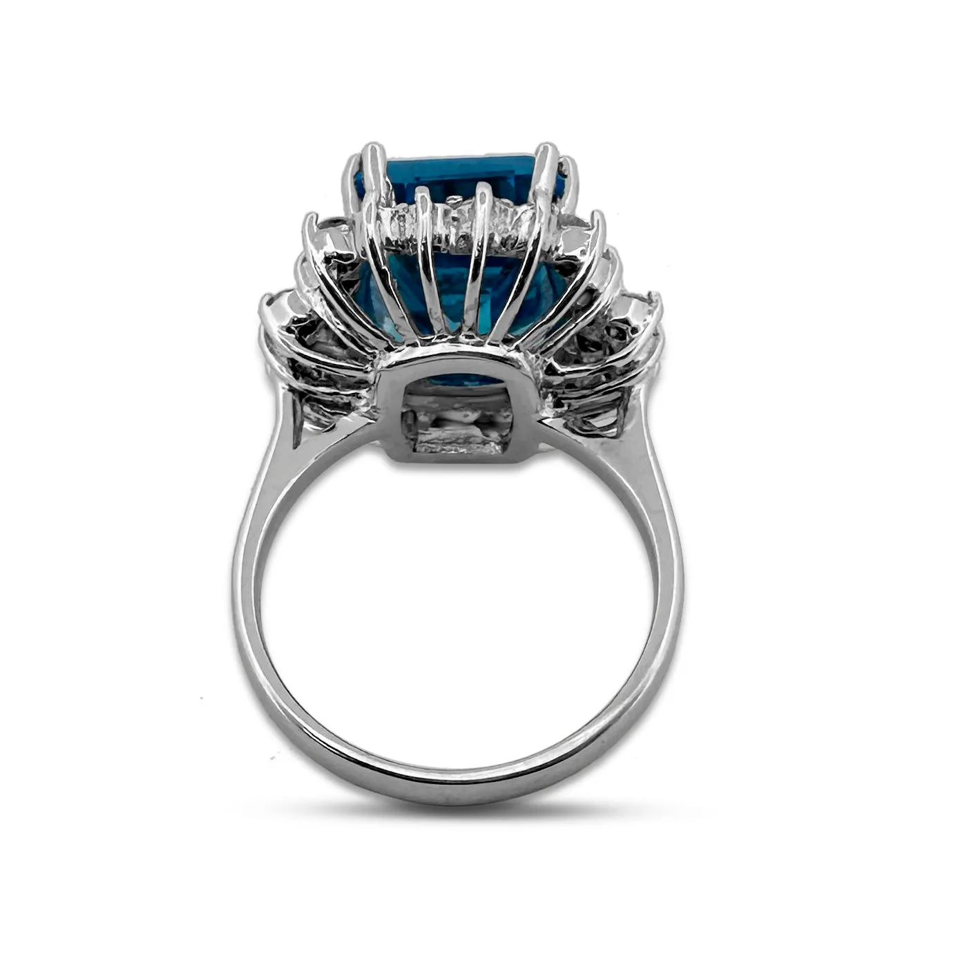 8.50cts Emerald-Cut Blue Topaz with Round Brilliant Diamond Halo Cocktail Ring in 18k White Gold