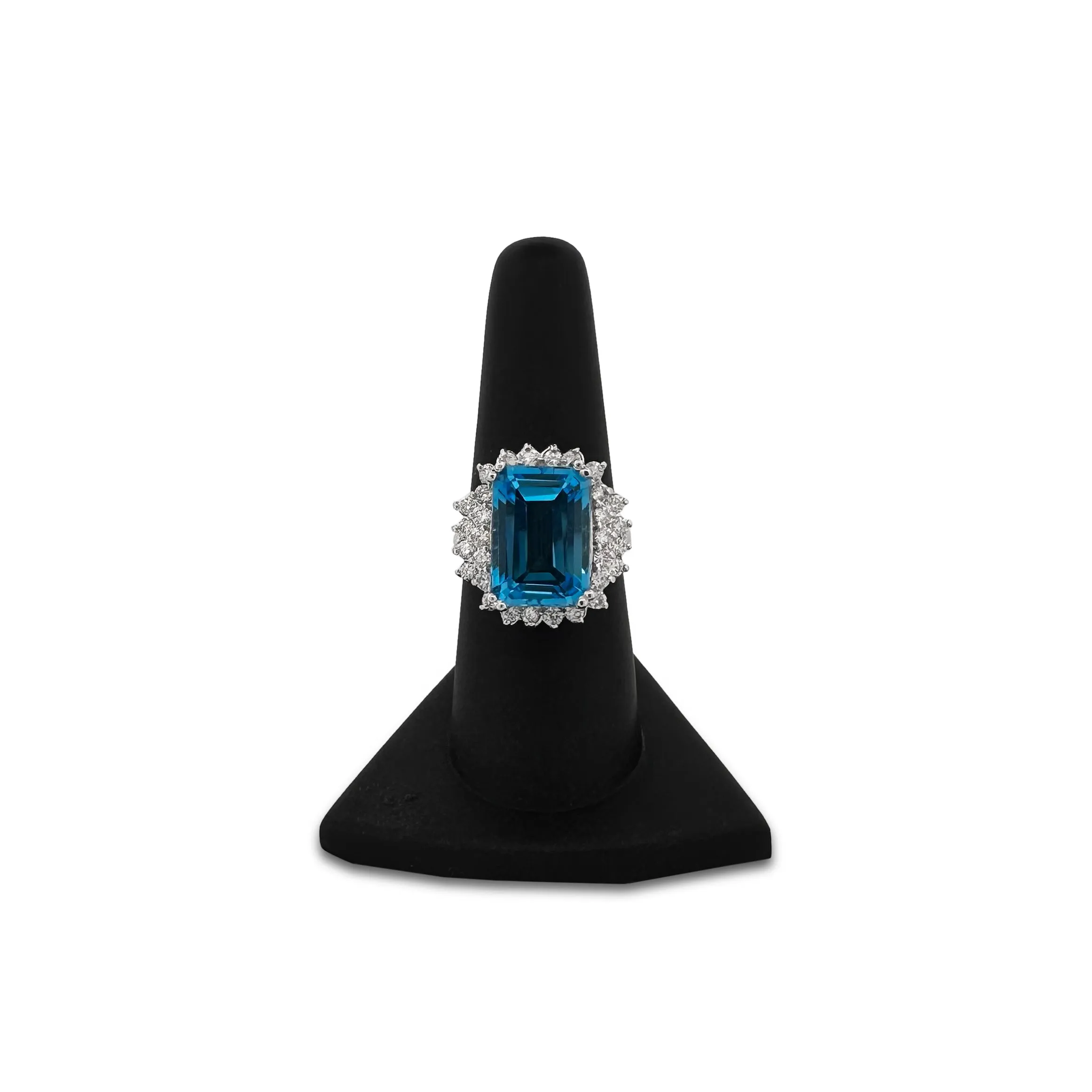 8.50cts Emerald-Cut Blue Topaz with Round Brilliant Diamond Halo Cocktail Ring in 18k White Gold