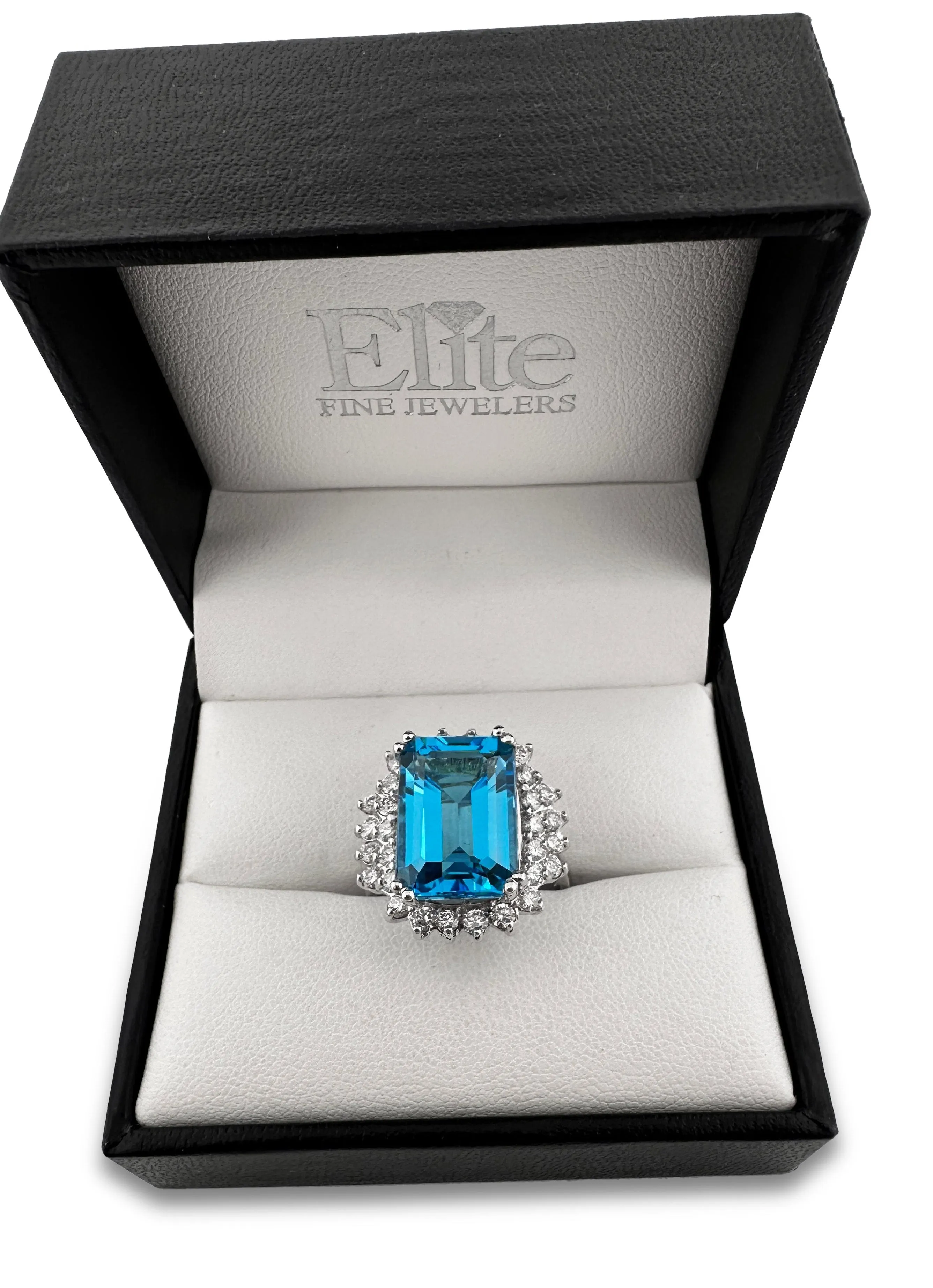 8.50cts Emerald-Cut Blue Topaz with Round Brilliant Diamond Halo Cocktail Ring in 18k White Gold