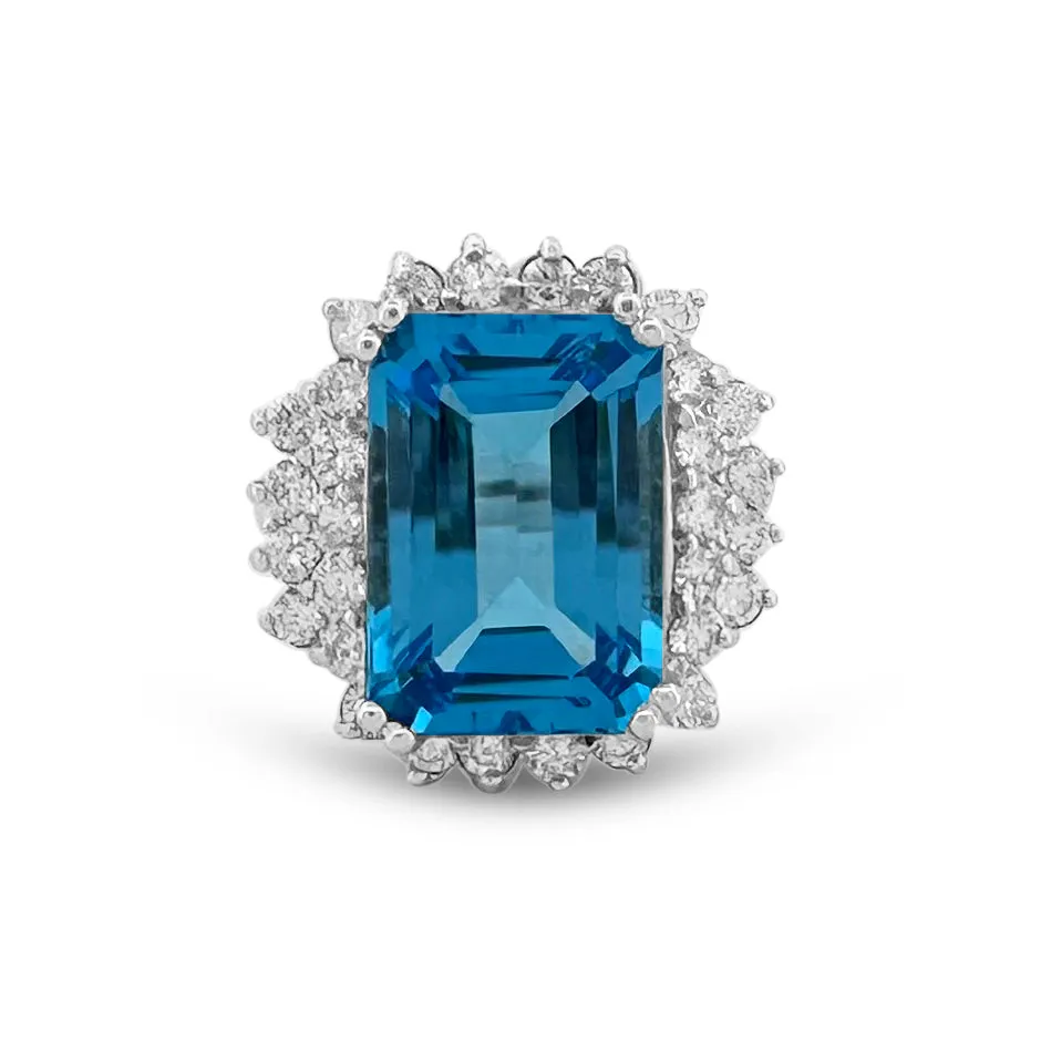 8.50cts Emerald-Cut Blue Topaz with Round Brilliant Diamond Halo Cocktail Ring in 18k White Gold