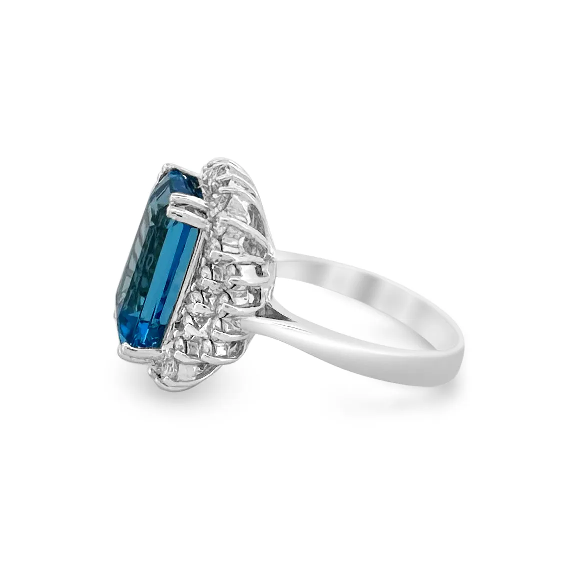 8.50cts Emerald-Cut Blue Topaz with Round Brilliant Diamond Halo Cocktail Ring in 18k White Gold