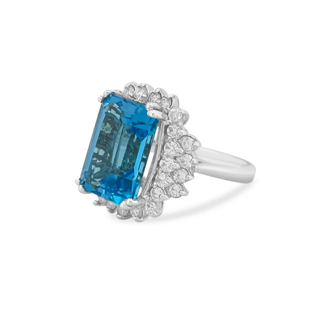 8.50cts Emerald-Cut Blue Topaz with Round Brilliant Diamond Halo Cocktail Ring in 18k White Gold