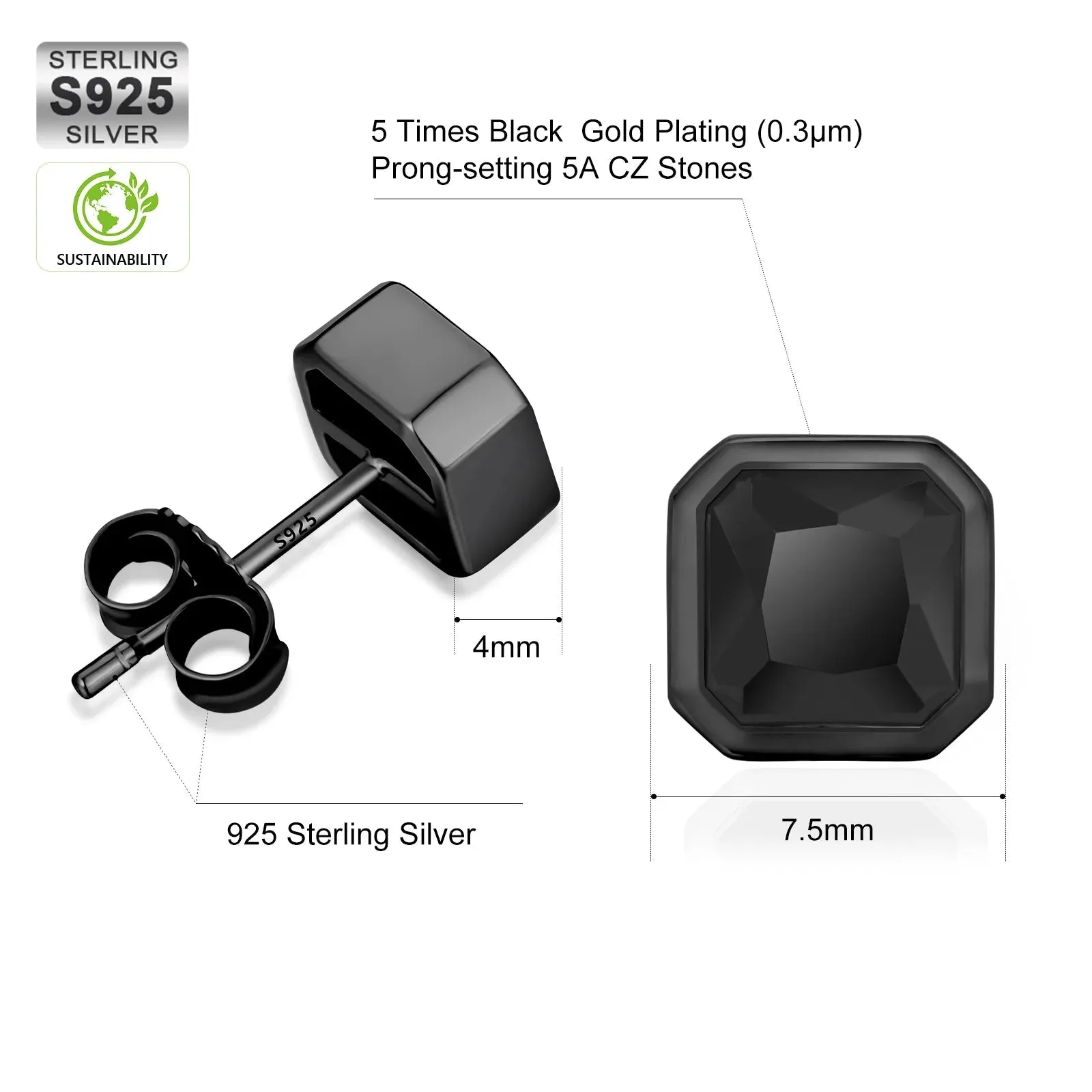 925 Sterling Silver Black Square Stud Earrings