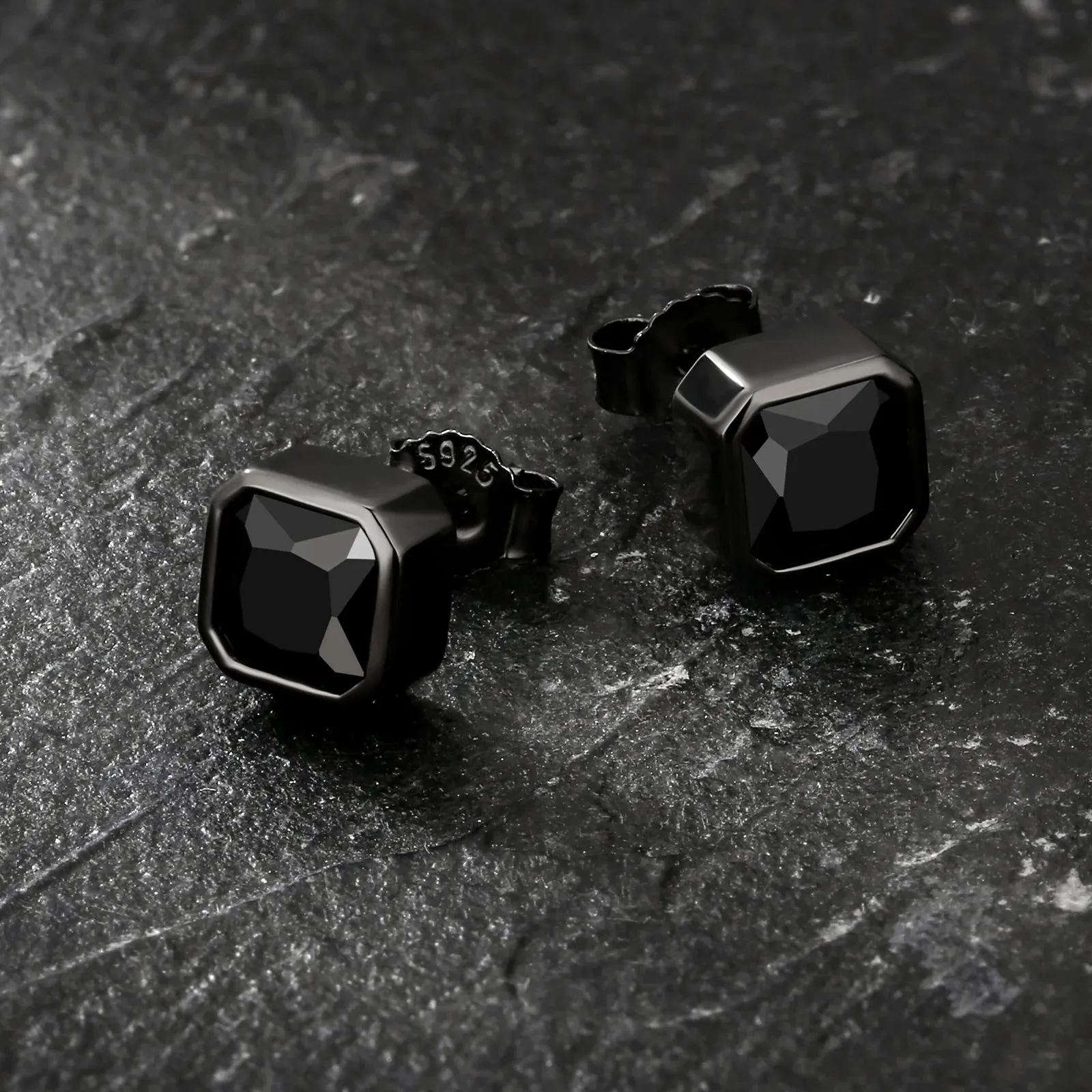 925 Sterling Silver Black Square Stud Earrings