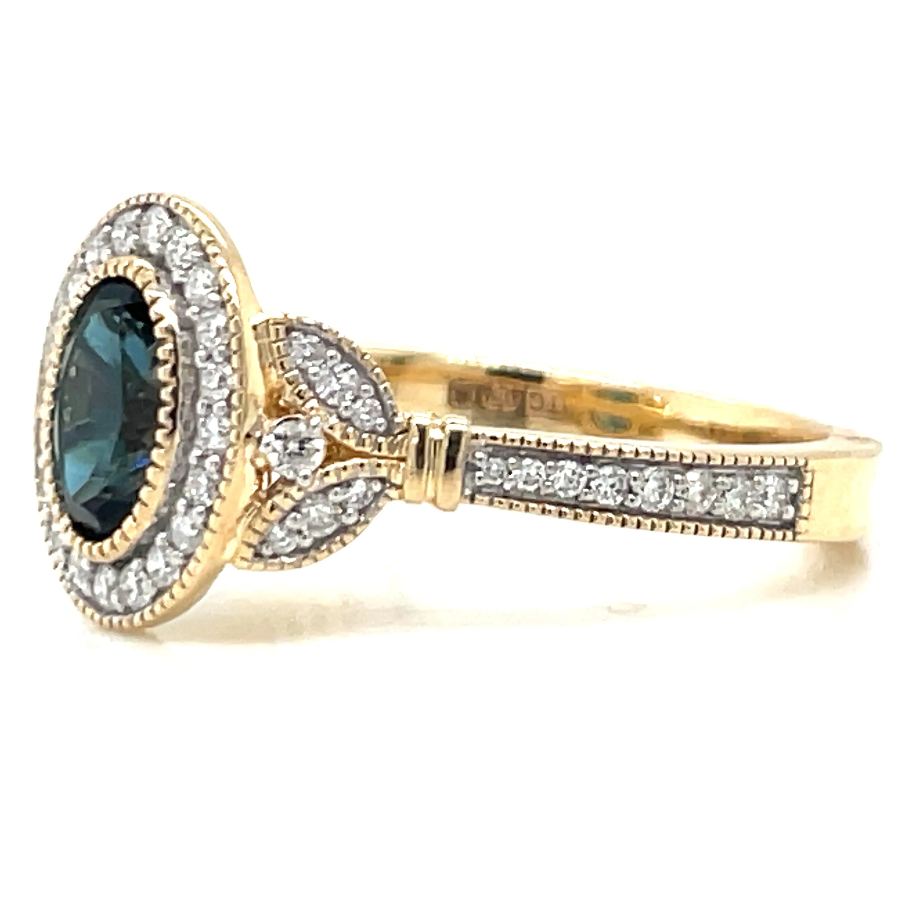 9ct Yellow Gold Earth Grown 1.23ct London Blue Topaz And Diamond Halo Ring