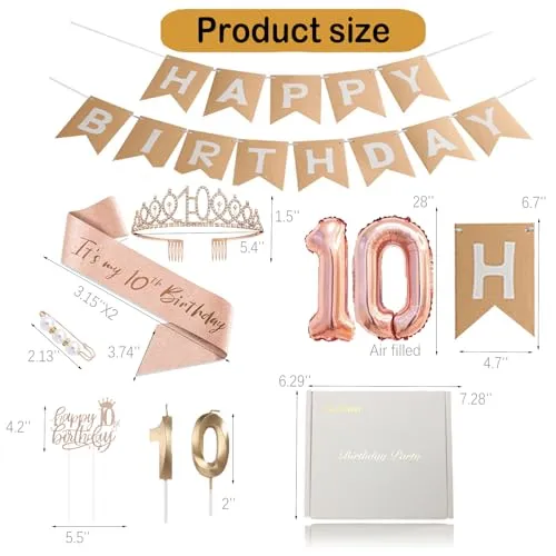 9PCS Rose Gold 10th Birthday Women's Decorations including 10th Birthday Cake Topper, Birthday Queen Sash with Pearl Pin, Sweet Rhinestone Crown, Number Candle and Balloon Set, Happy Birthday Banner