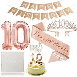 9PCS Rose Gold 10th Birthday Women's Decorations including 10th Birthday Cake Topper, Birthday Queen Sash with Pearl Pin, Sweet Rhinestone Crown, Number Candle and Balloon Set, Happy Birthday Banner