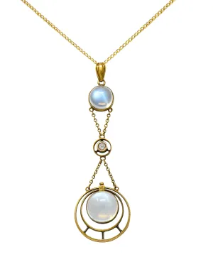 Art Nouveau Moonstone Diamond 14 Karat Gold Drop Swag Necklace