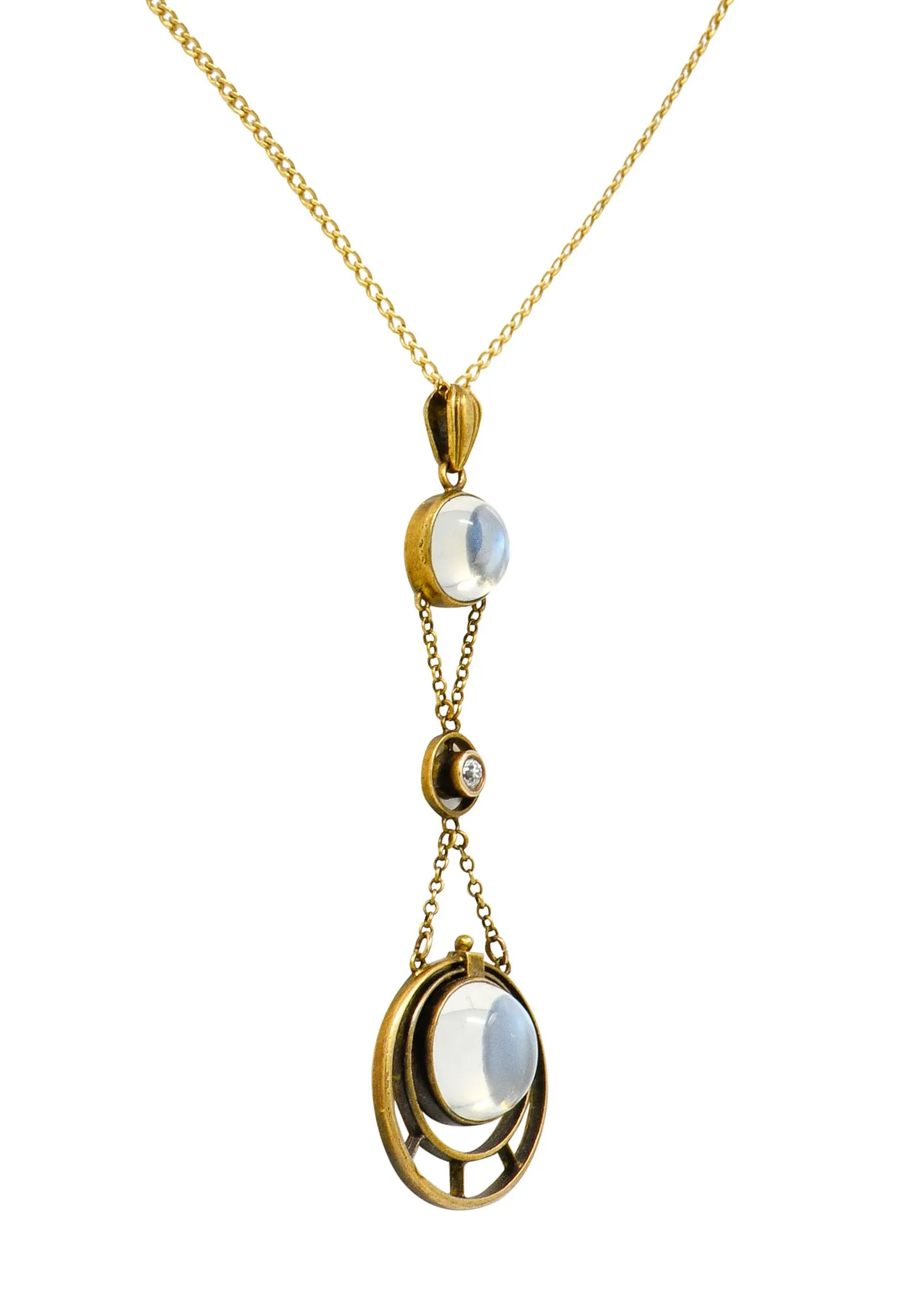 Art Nouveau Moonstone Diamond 14 Karat Gold Drop Swag Necklace