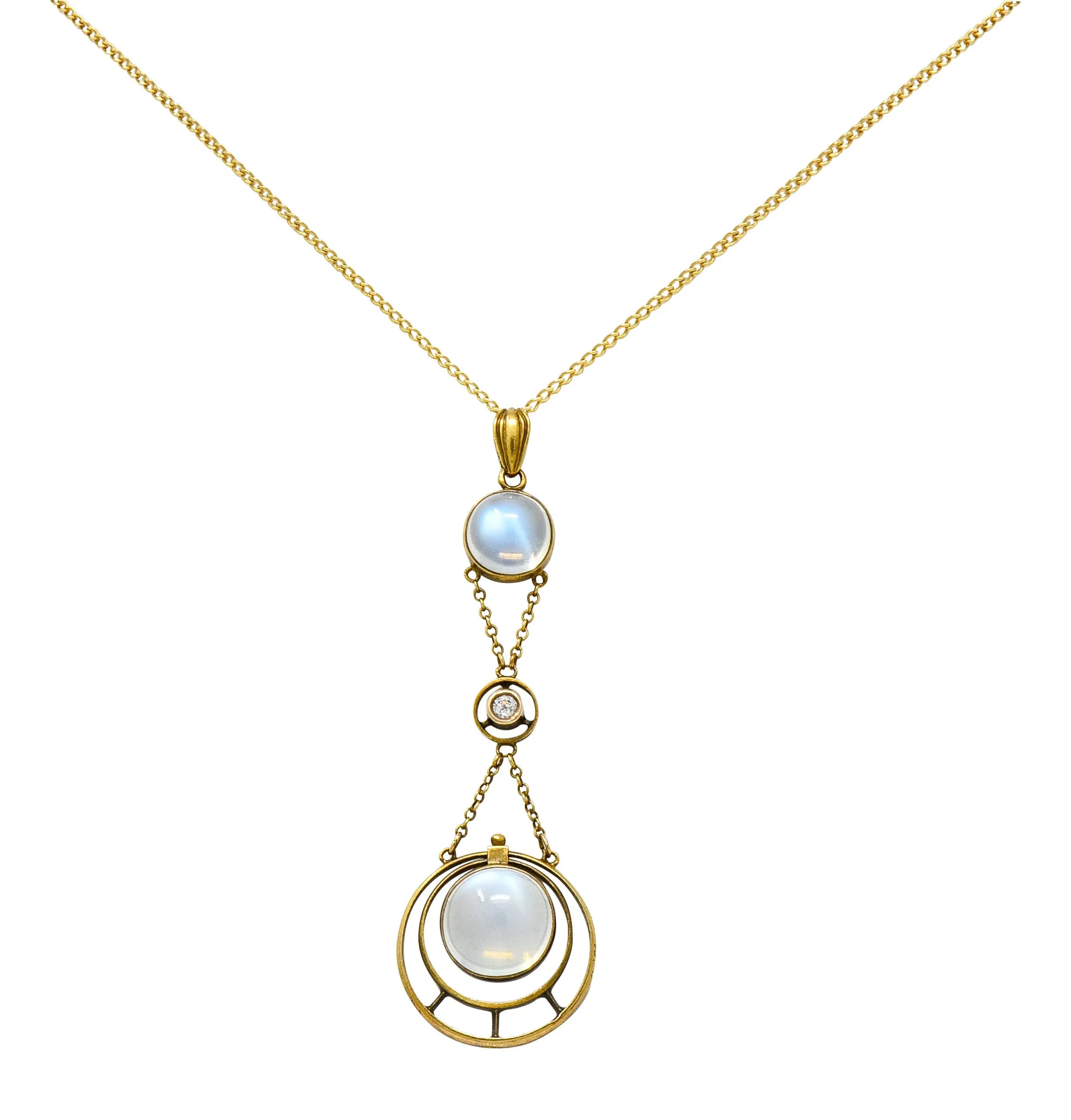 Art Nouveau Moonstone Diamond 14 Karat Gold Drop Swag Necklace