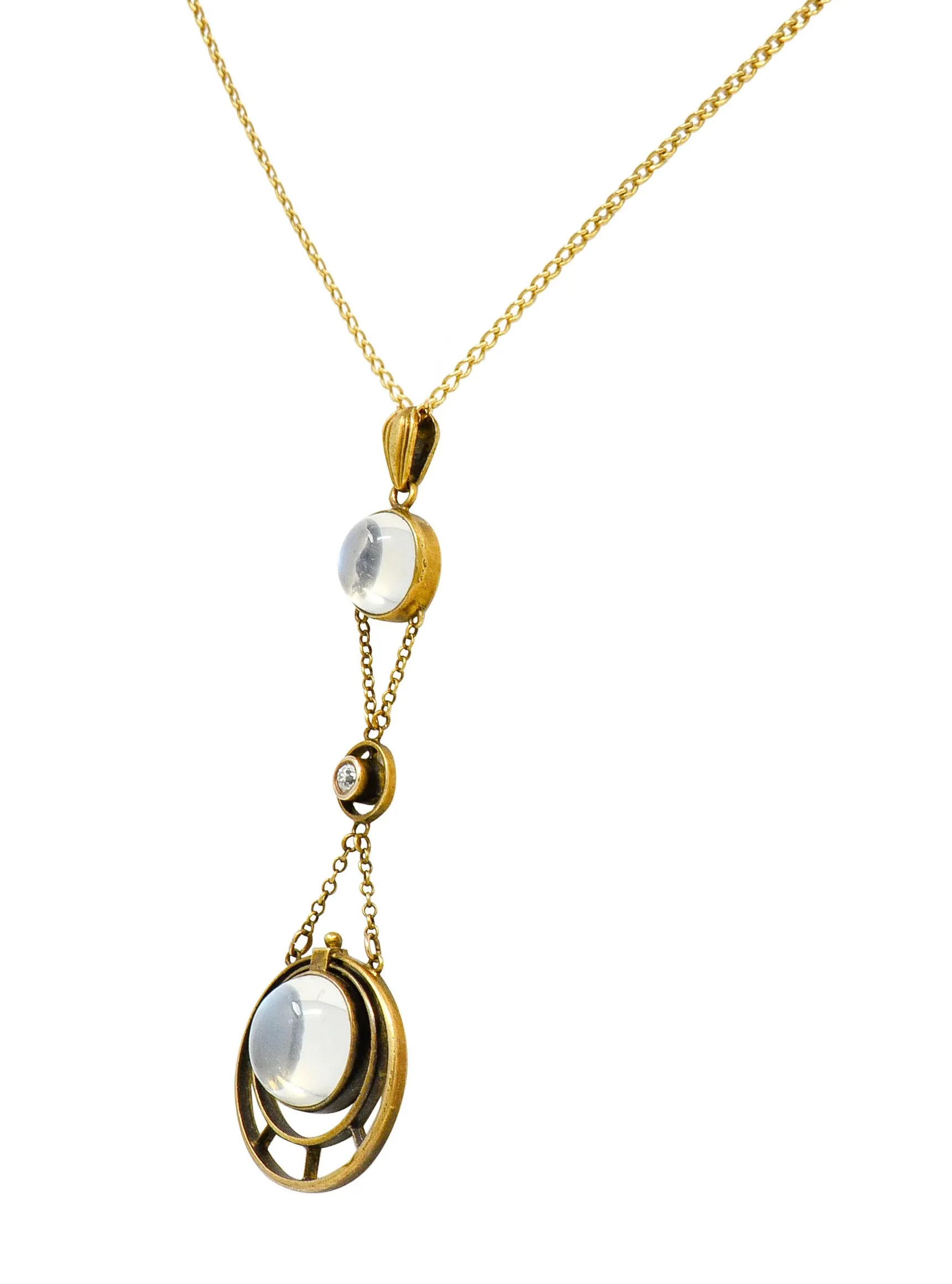 Art Nouveau Moonstone Diamond 14 Karat Gold Drop Swag Necklace