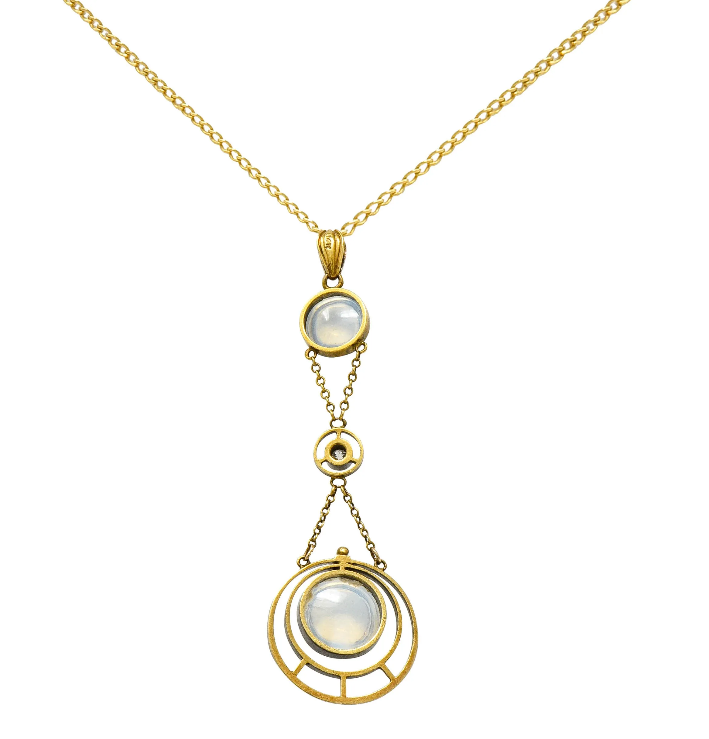 Art Nouveau Moonstone Diamond 14 Karat Gold Drop Swag Necklace