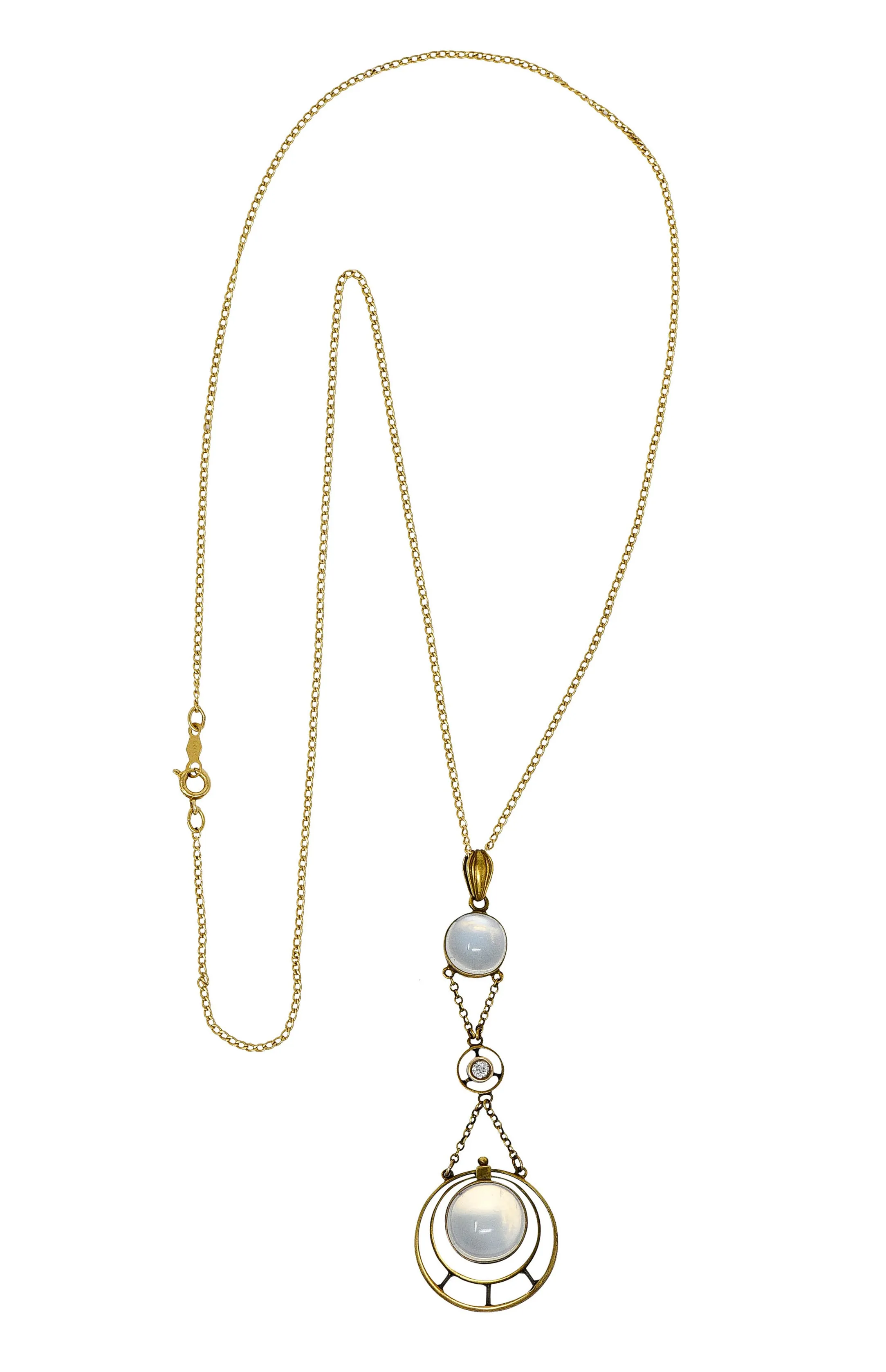 Art Nouveau Moonstone Diamond 14 Karat Gold Drop Swag Necklace