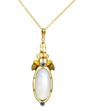 Art Nouveau Moonstone Sapphire 14 Karat Gold Acorn Accented Pendant